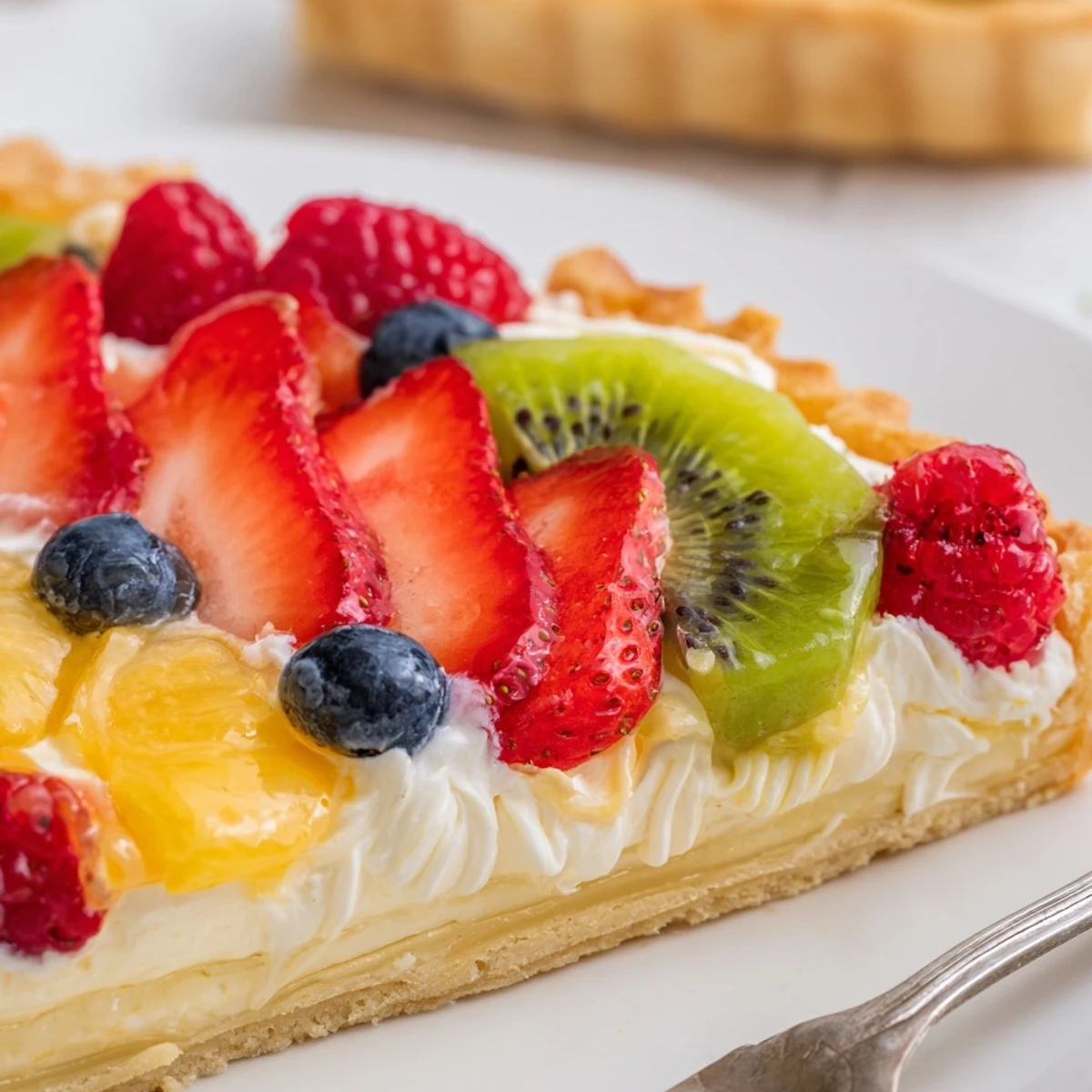 Slice revealing creamy filling in a Fruit Tart With Mascarpone, buttery crust.