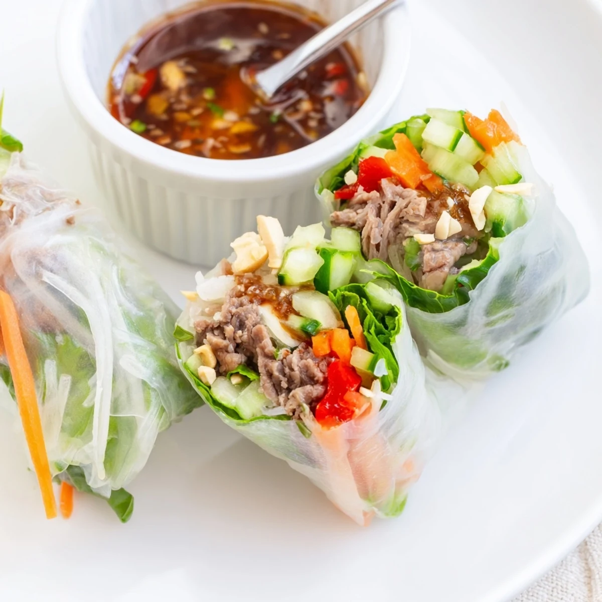 Thai Basil Beef Rolls sliced, packed with crisp vegetables, served with dipping sauce.
