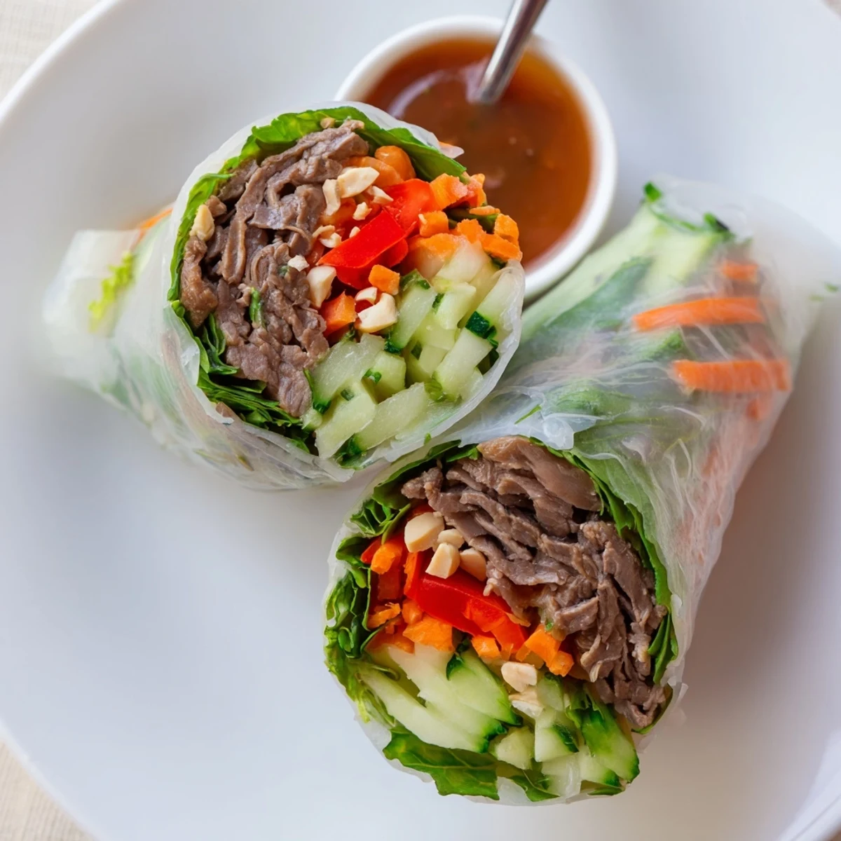 Hand rolled Thai Basil Beef Rolls showing tender beef, aromatic basil, crunchy vegetables.