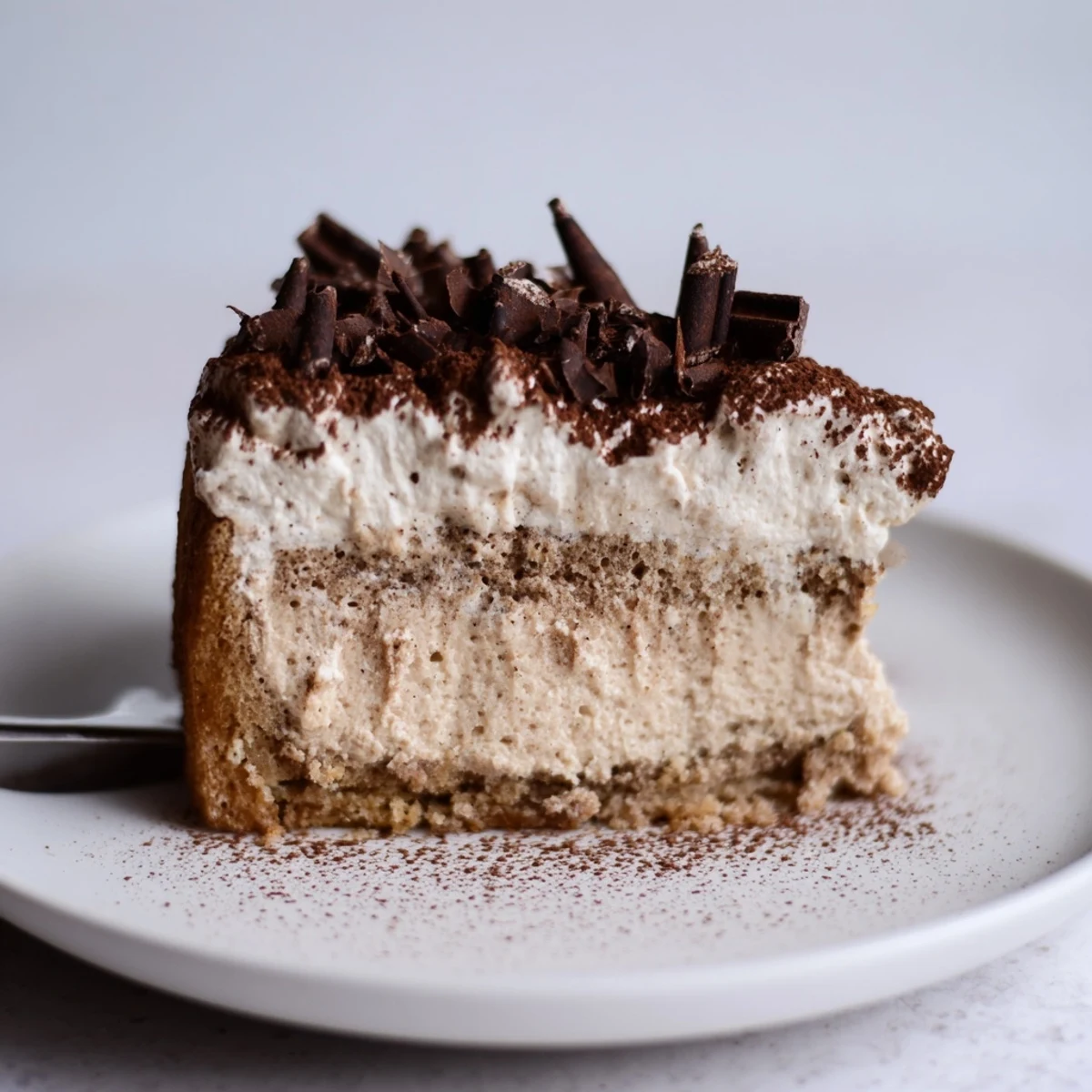 Decadent Creamy Coffee Infused Tiramisu Cheesecake topped with cocoa dusting and shavings