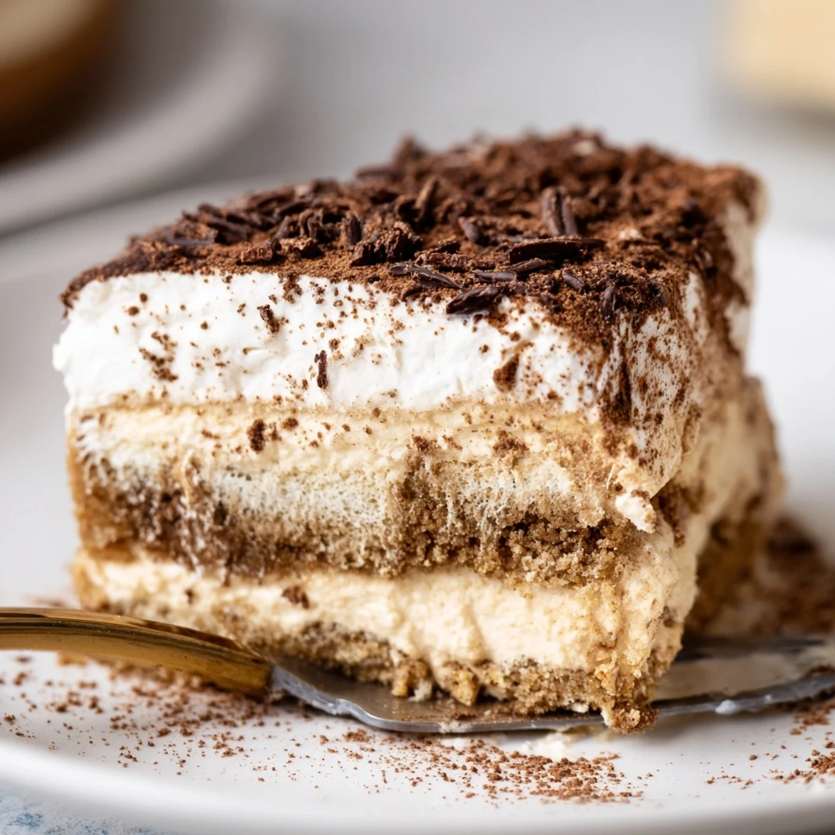 Fork-ready bite of Decadent Creamy Coffee Infused Tiramisu Cheesecake yields velvety coffee aroma