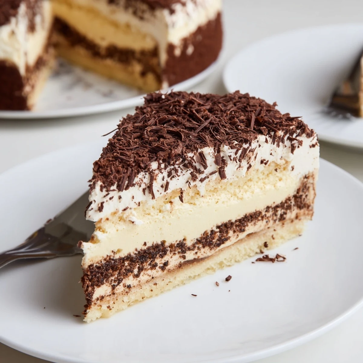 Sliced Decadent Creamy Coffee Infused Tiramisu Cheesecake served chilled on white plate
