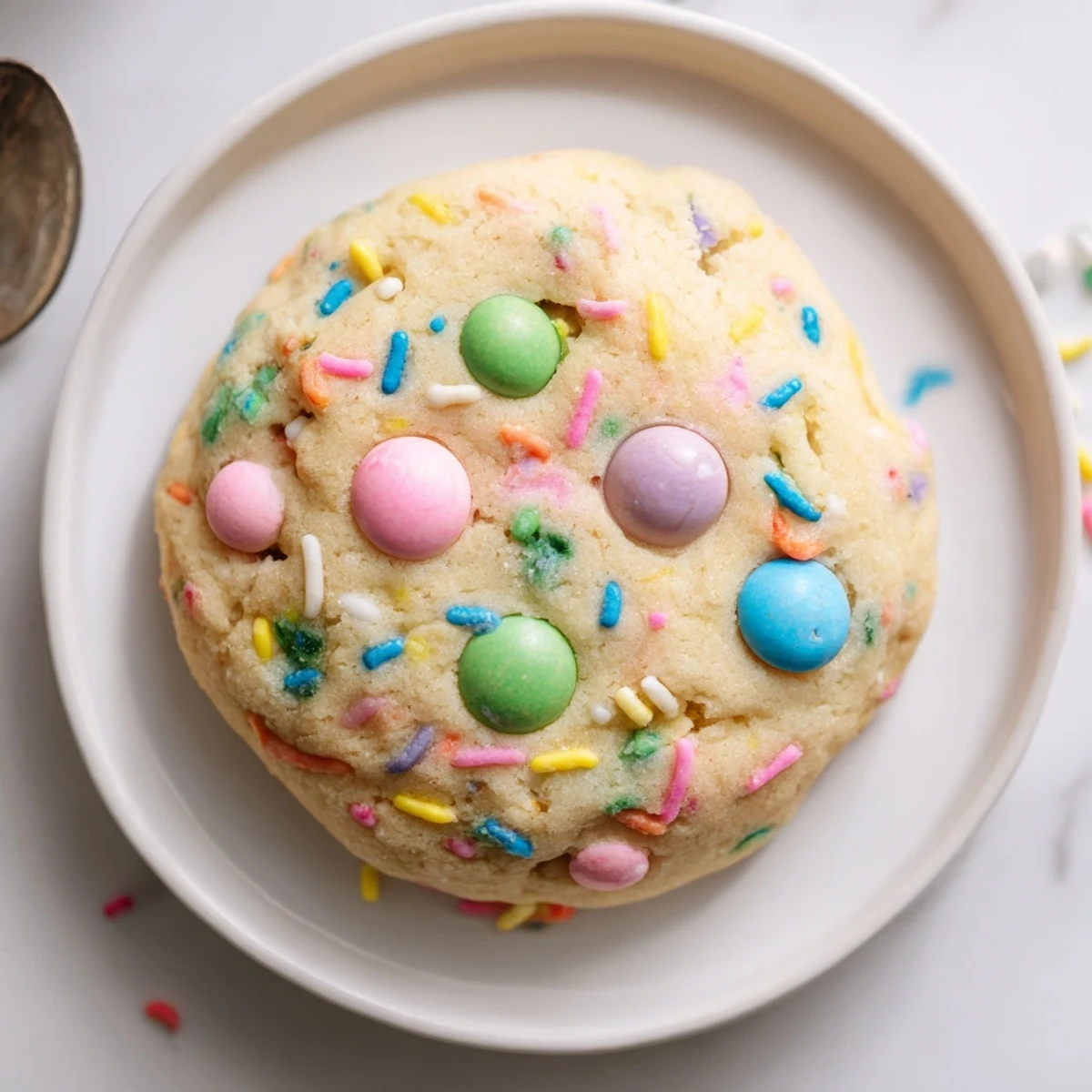 Easter Funfetti Cookies fresh from the oven, soft centers studded with sprinkles