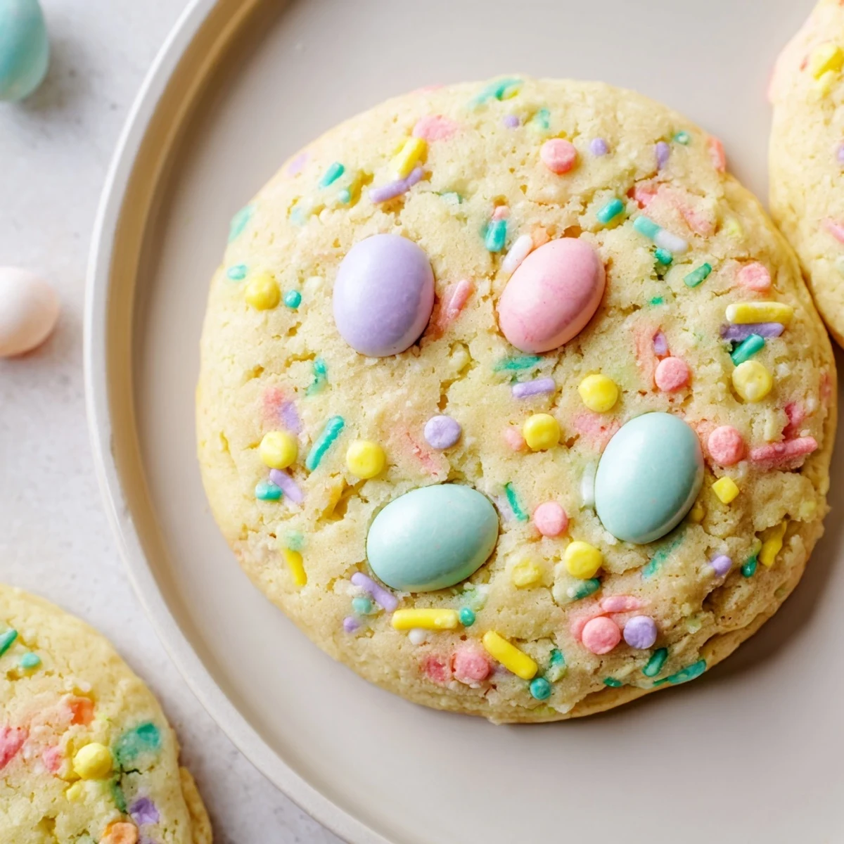 Plated Easter Funfetti Cookies with pastel candies, perfect for sharing at brunch