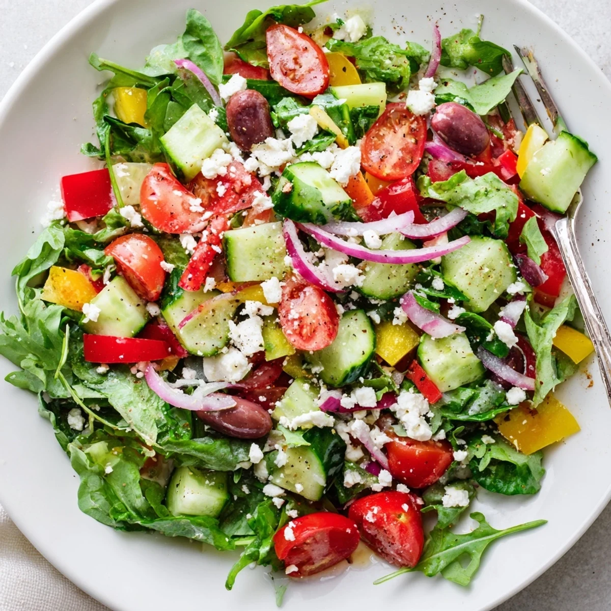 Bright bowl of mixed greens in this Fresh Salad Recipe, tossed and chilled.