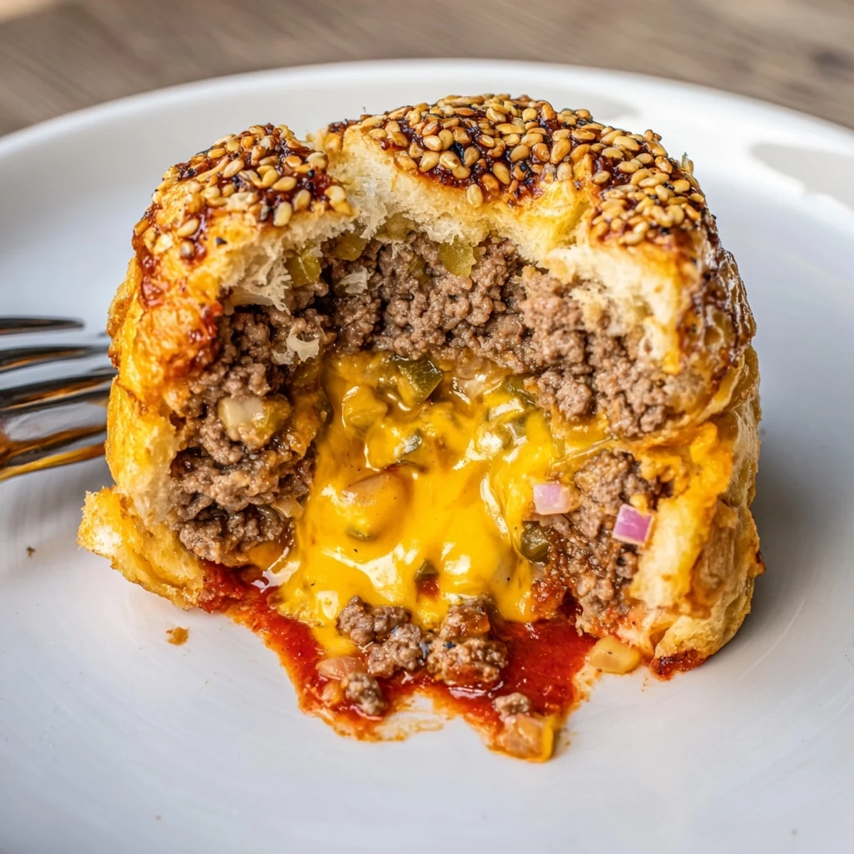 Steaming Cheesy Cheeseburger Bombs on baking sheet, oozing melted cheddar  