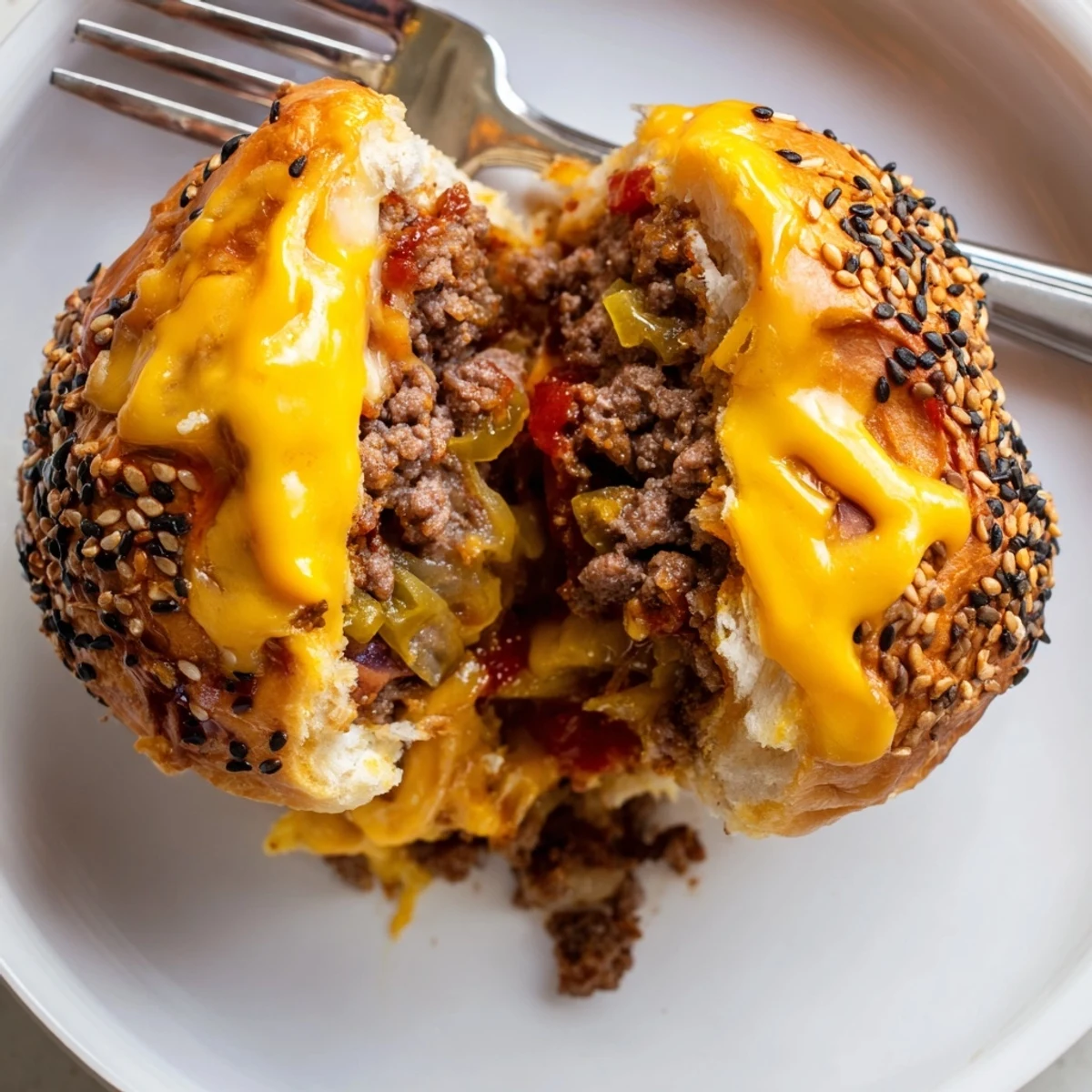 Close-up Cheesy Cheeseburger Bombs dusted with sesame, savory beef and onion  