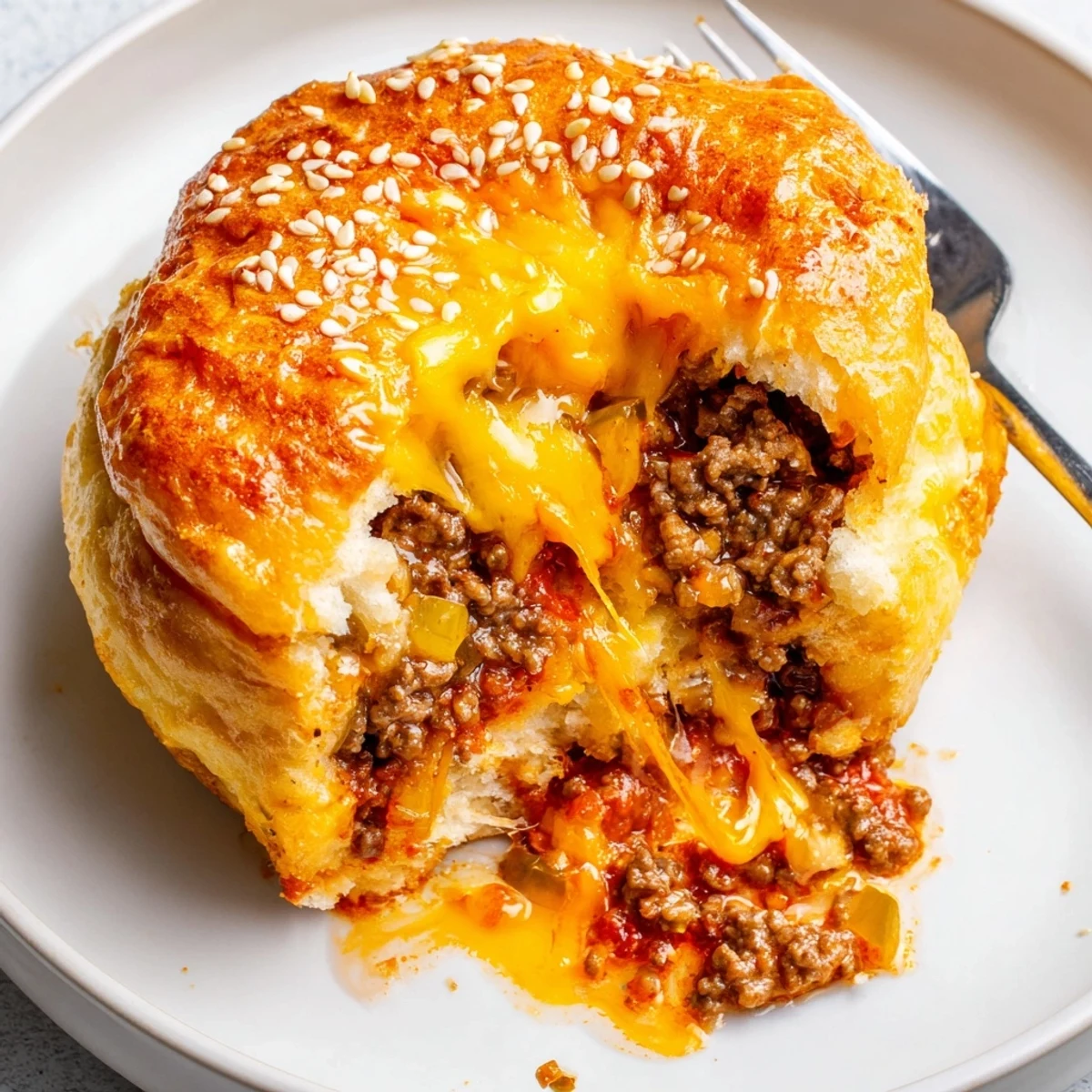 Plate of Cheesy Cheeseburger Bombs bursting with mozzarella, served with ketchup