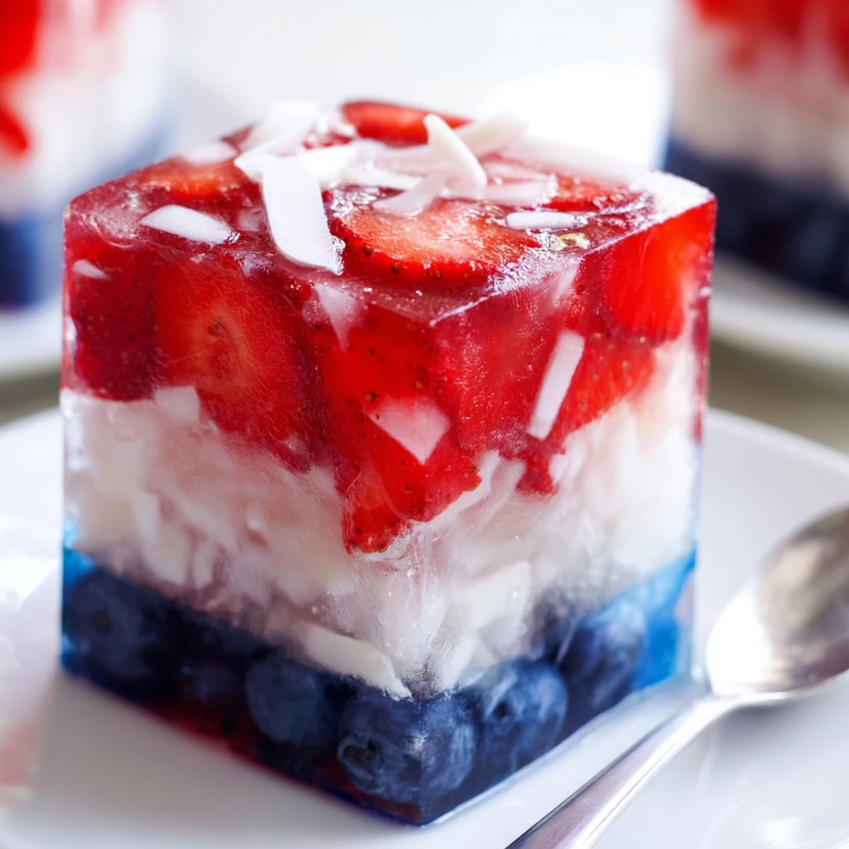 Tray of Red White And Blue Ice Cubes Recipe layered coconut, blueberry, strawberry contrast