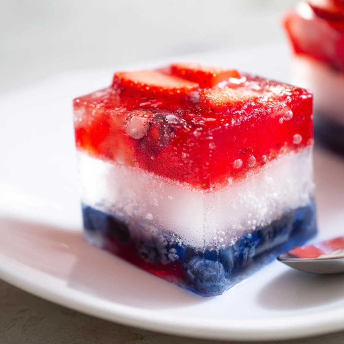 Close-up of Red White And Blue Ice Cubes Recipe chilling lemonade with vibrant colors