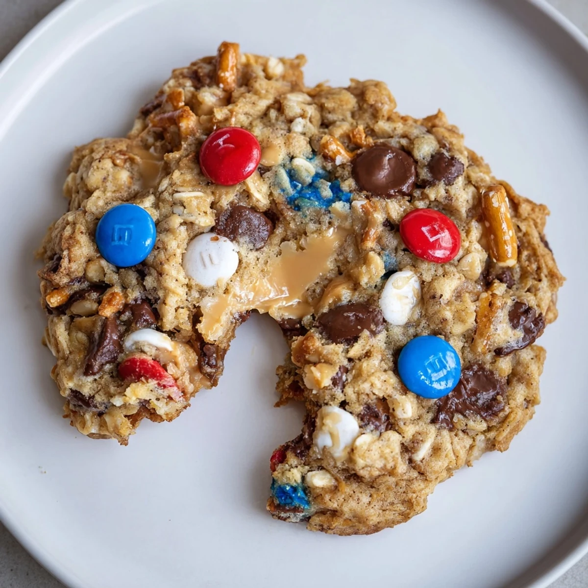 Patriotic Monster Cookies Recipe with chewy oats, peanut butter, red, white, and blue candies.