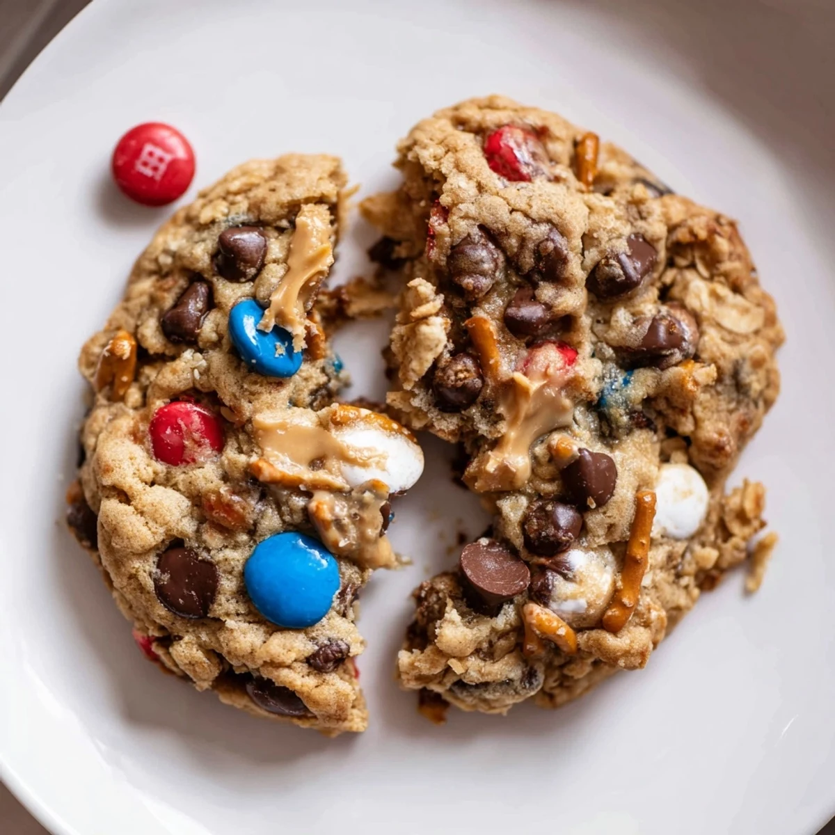 Fresh-baked Patriotic Monster Cookies Recipe on parchment, gooey centers, crunchy candy bites.