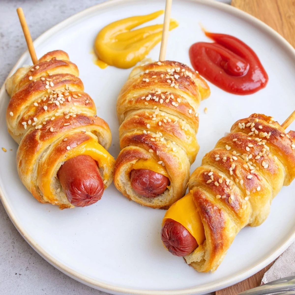 Golden baked Firecracker Hot Dogs Recipe wrapped in crescent dough, buttered