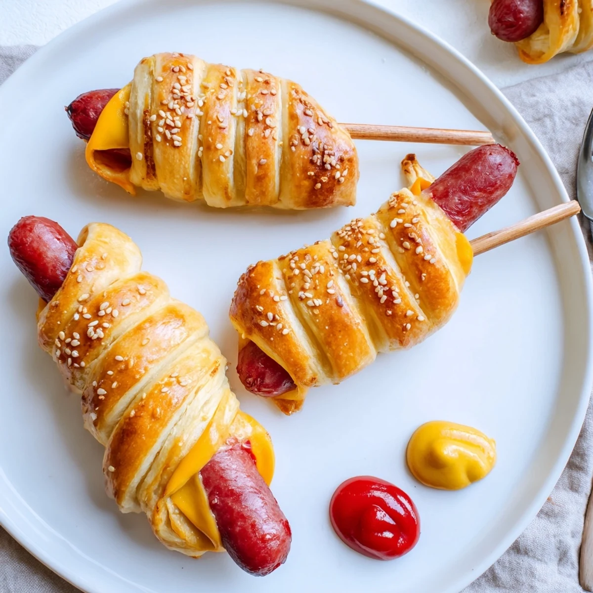 Crispy spiral Firecracker Hot Dogs Recipe with melted cheddar, ketchup for dipping