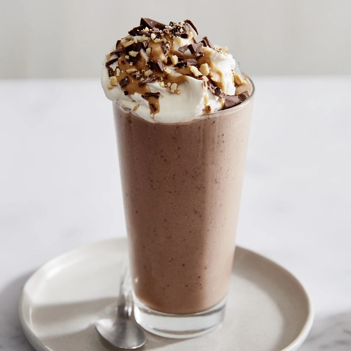 Chocolate Peanut Butter Smoothie pouring into glass, creamy chocolate scent, toasted peanuts.