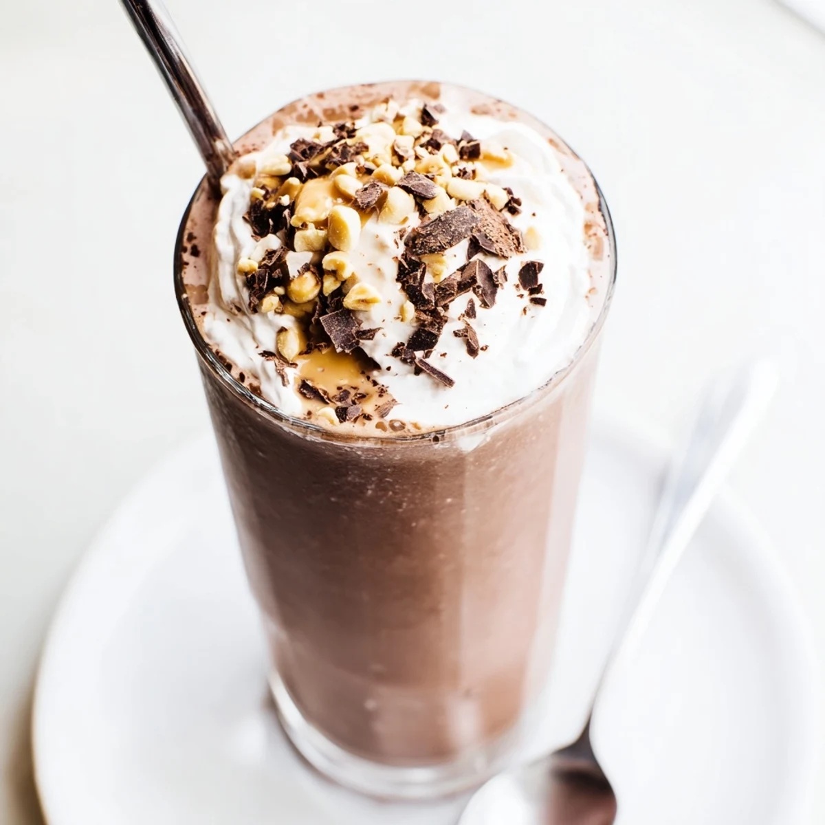 Topped with whipped cream and chocolate shavings, Chocolate Peanut Butter Smoothie ready.