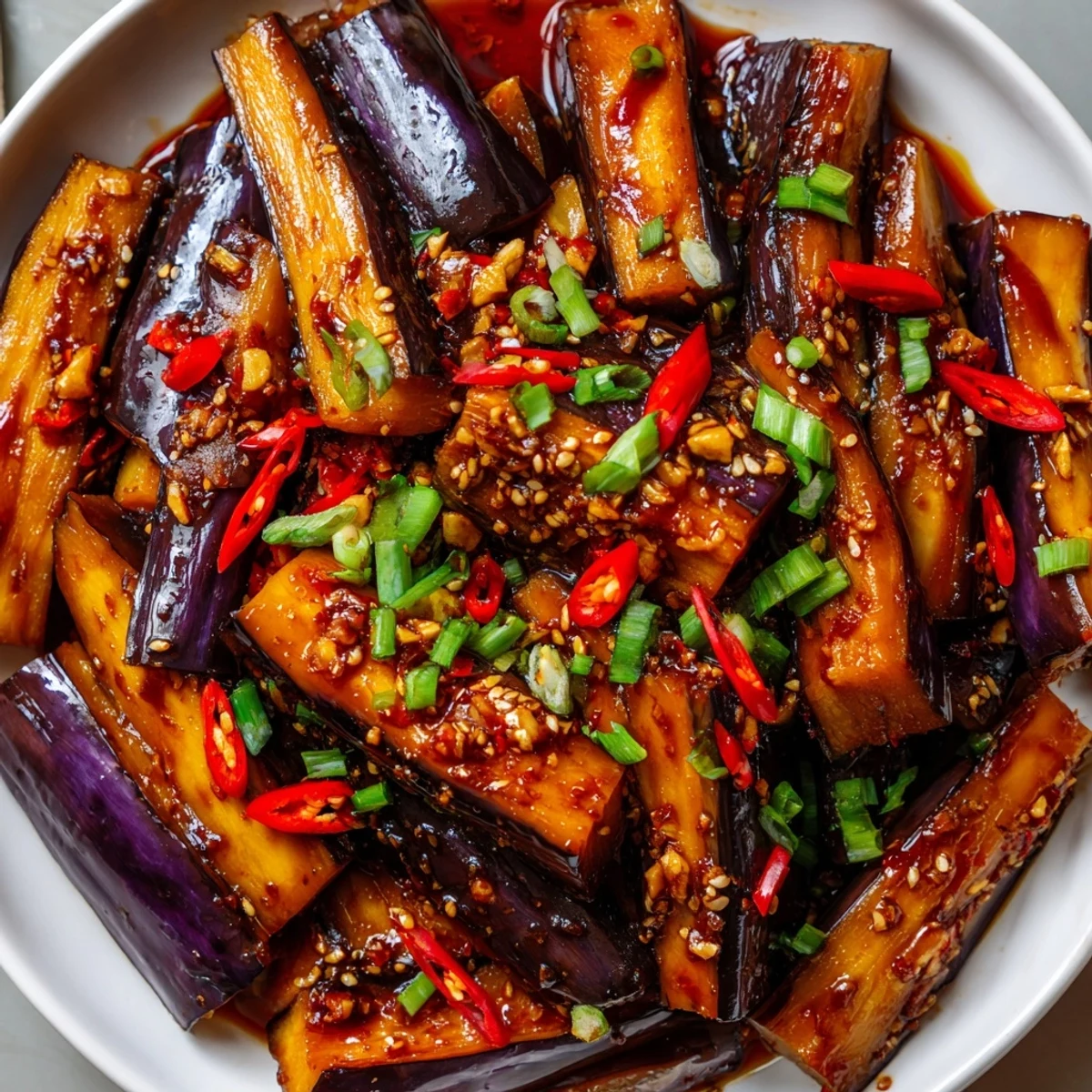 Warm Sichuan Style Braised Aubergines piled over steamed jasmine rice, aromatic