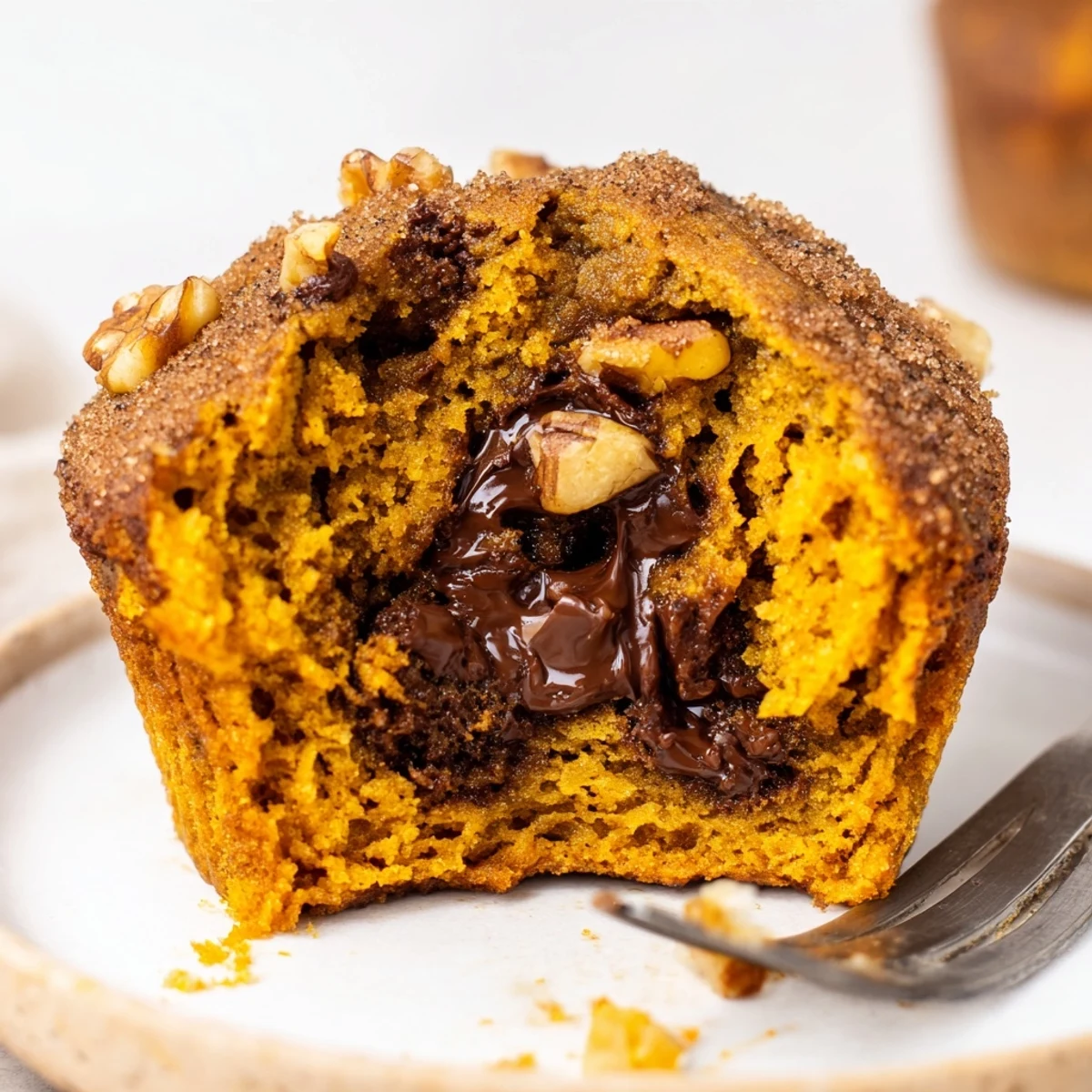 Fresh baked Pumpkin Banana Muffins recipe with walnut crunch, served with coffee.