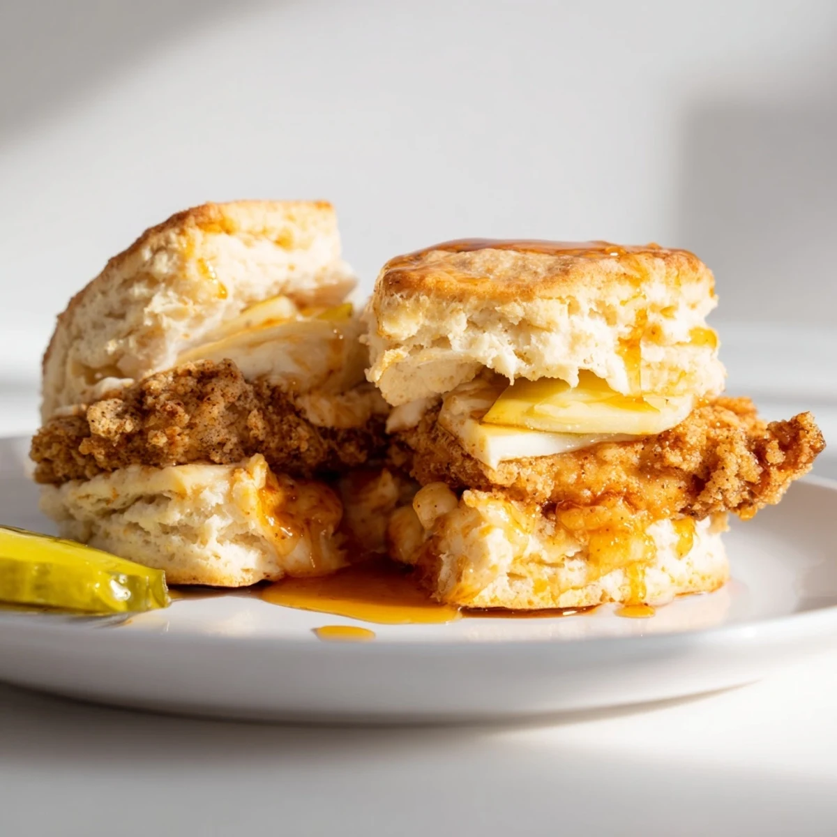 Crispy, spicy Hot Honey Chicken Biscuits with flaky buttermilk layers and glaze.  