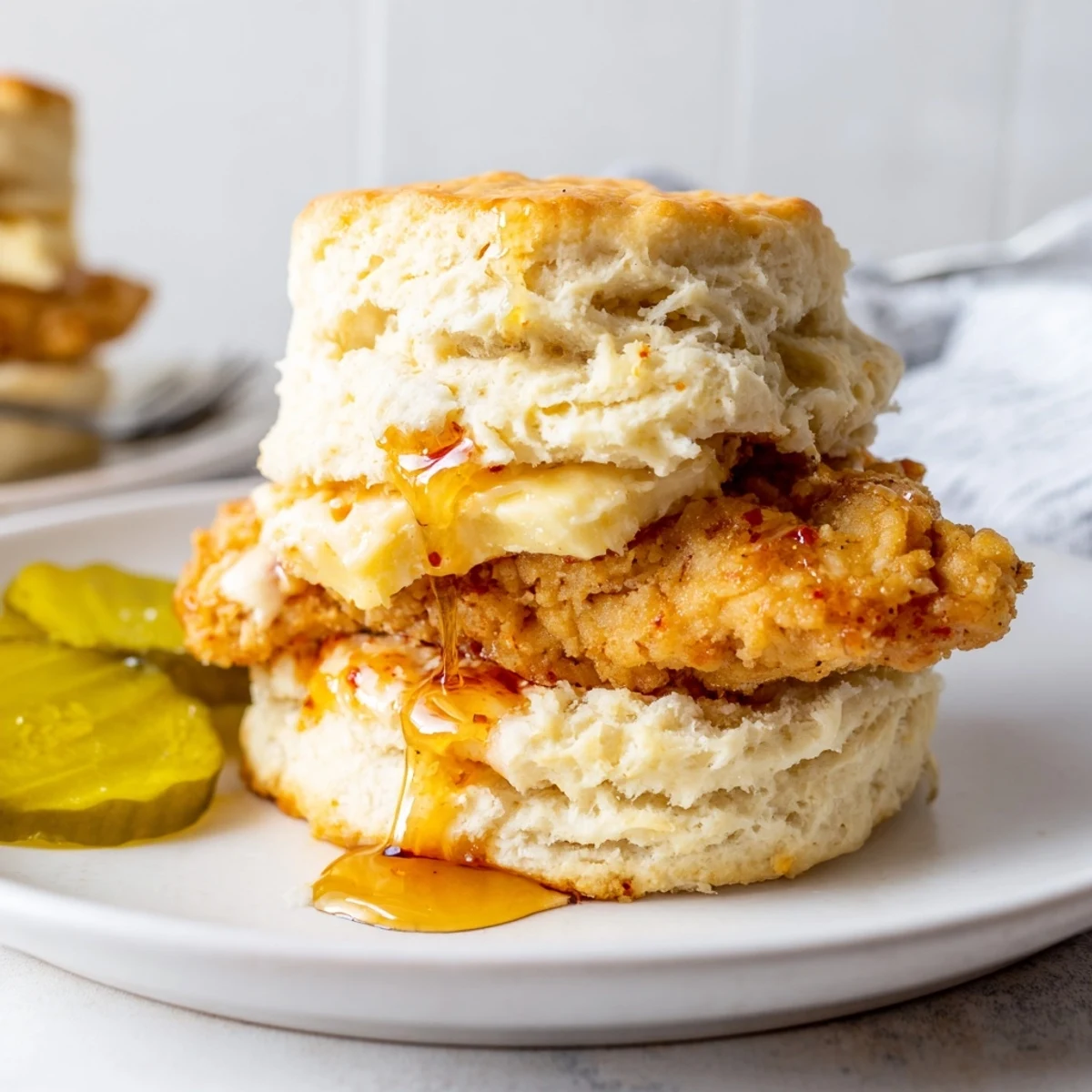 Split Hot Honey Chicken Biscuits showing juicy fried chicken, drizzled honey, pickles.  