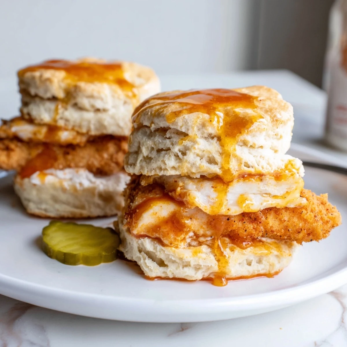 Stacked Hot Honey Chicken Biscuits on plate, buttery edges, sticky sweet heat drizzle.