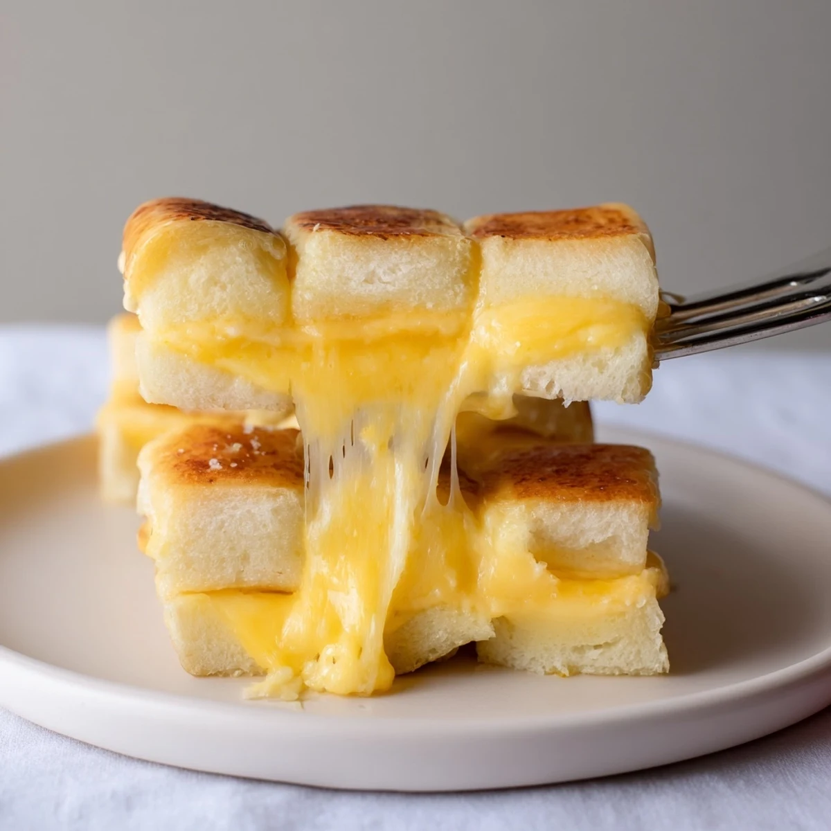 Warm Mini Grilled Cheese Hawaiian Rolls pulled apart showing gooey cheese.