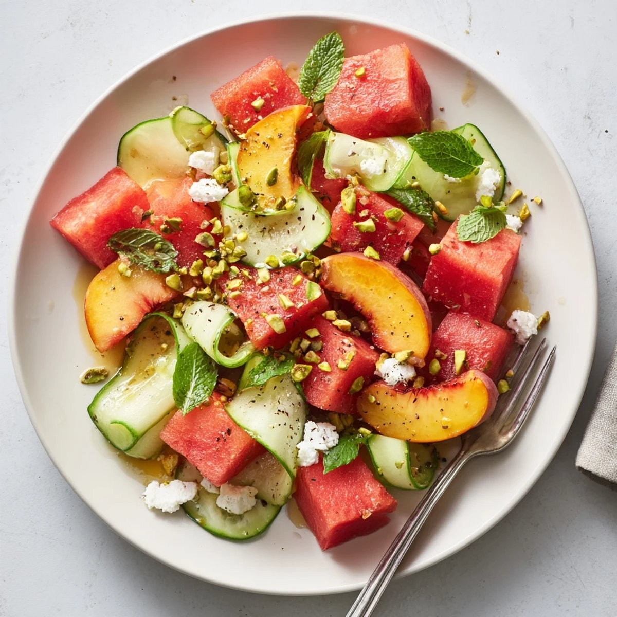 Summer Peach Watermelon Salad with juicy cubes, torn mint, and crumbled feta