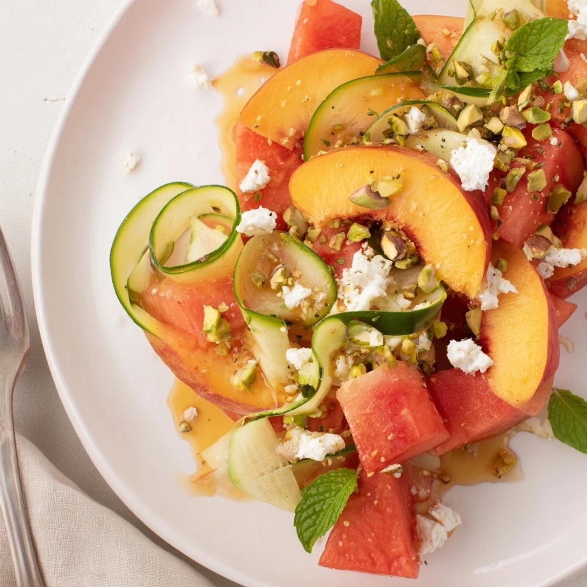 Bright Summer Peach Watermelon Salad tossed in honey lime dressing, served chilled
