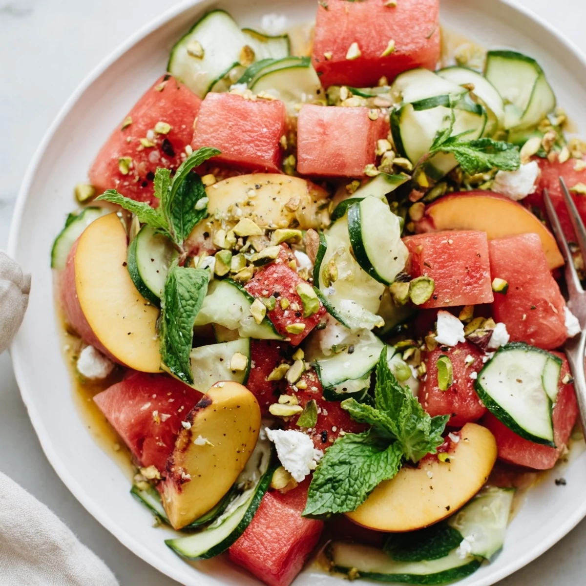 Refreshing Summer Peach Watermelon Salad on platter garnished with pistachios and basil