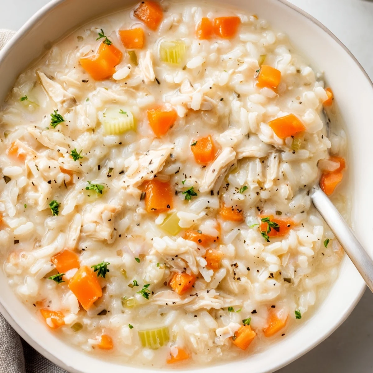 Creamy Chicken Rice Soup steaming in bowl, tender chicken and silky broth