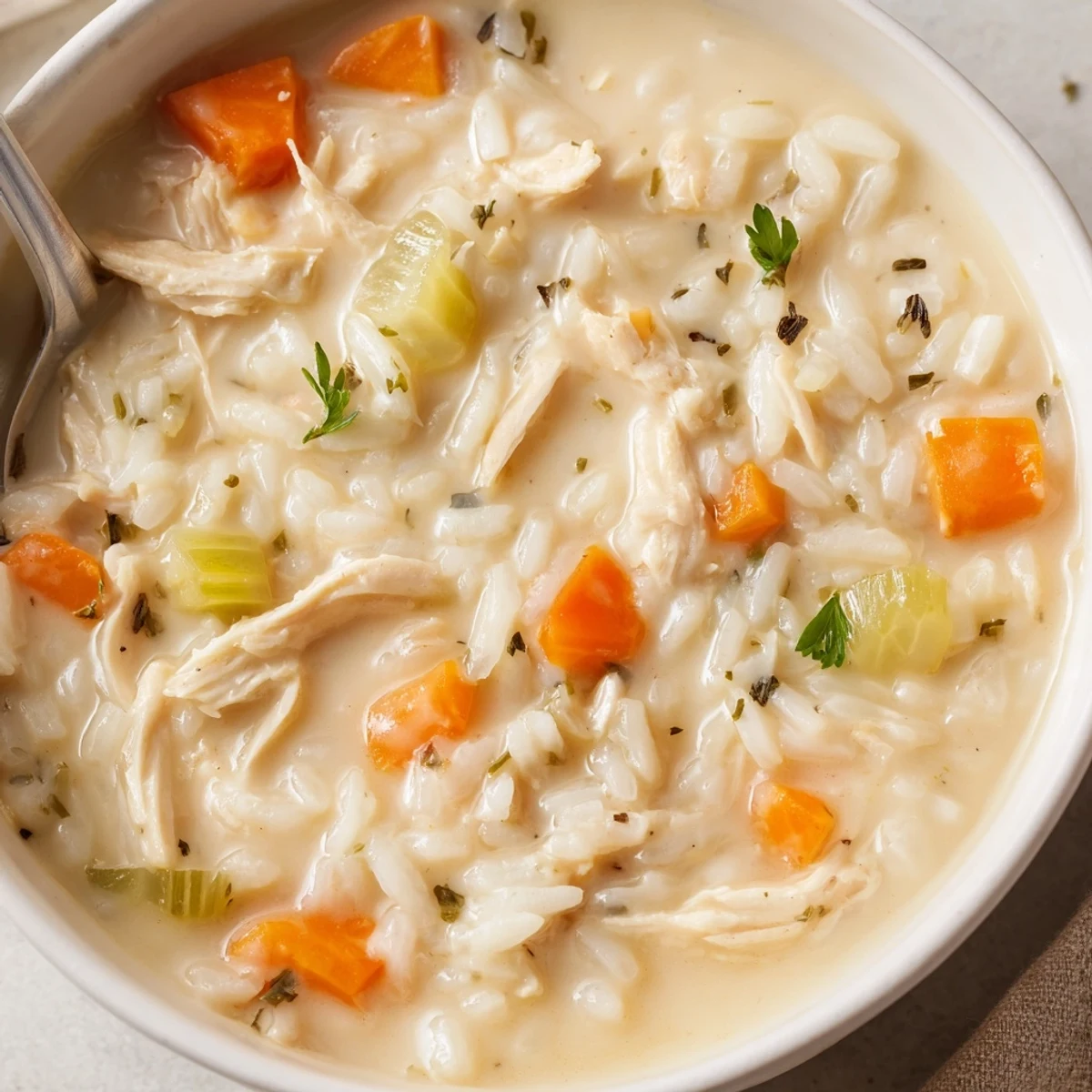 Hearty Creamy Chicken Rice Soup served with crusty bread and parsley