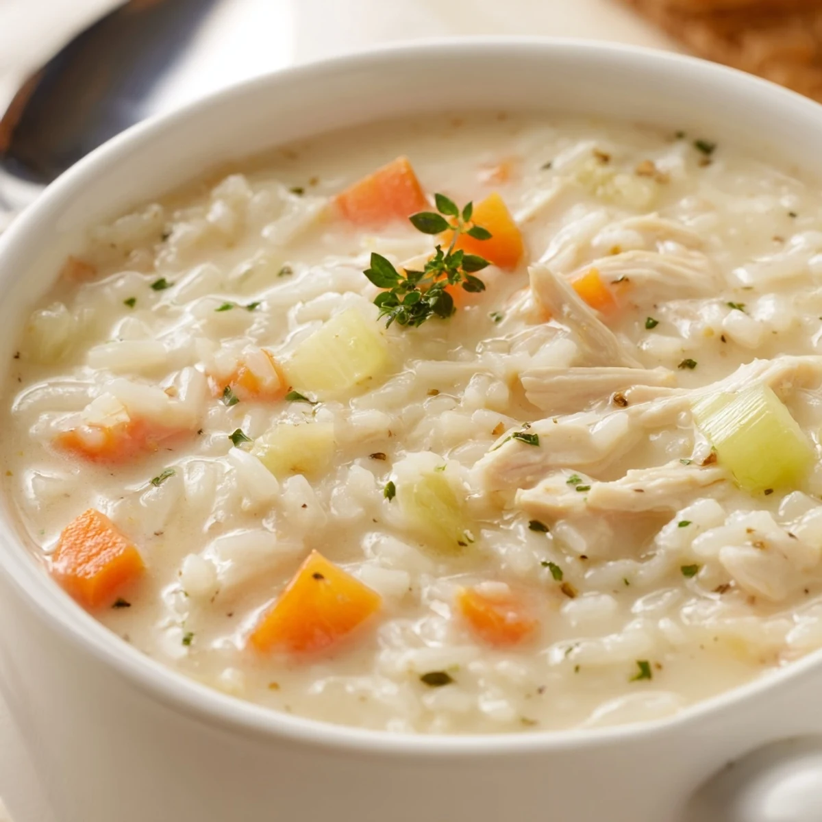 Spoon lifting Creamy Chicken Rice Soup, showing tender rice and chicken