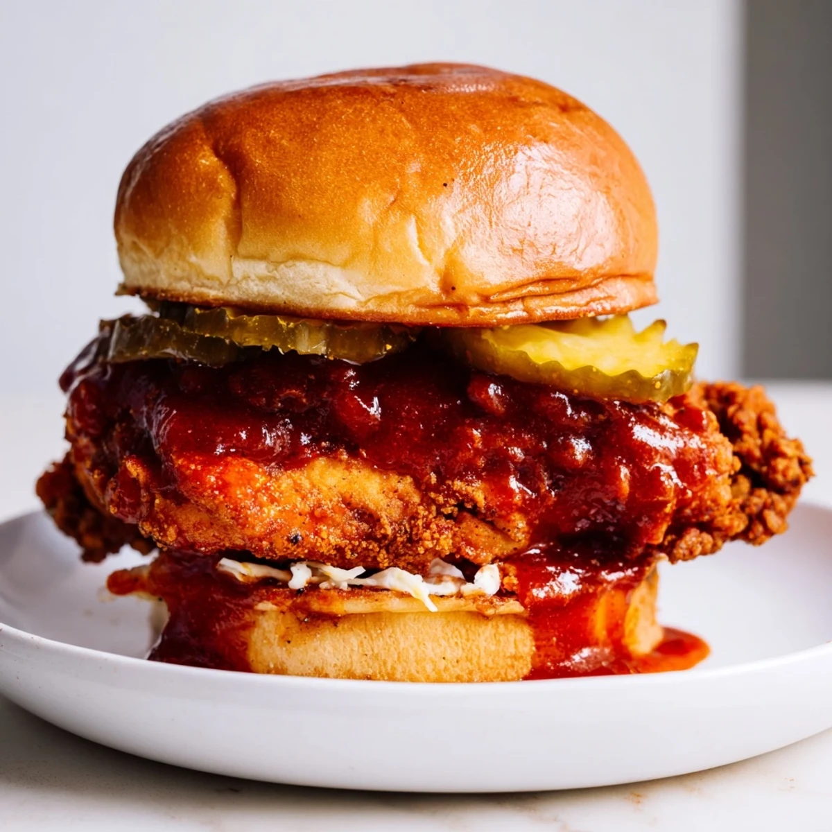 Spicy Nashville Hot Chicken Sandwiches glistening with sauce, crispy thighs and creamy slaw