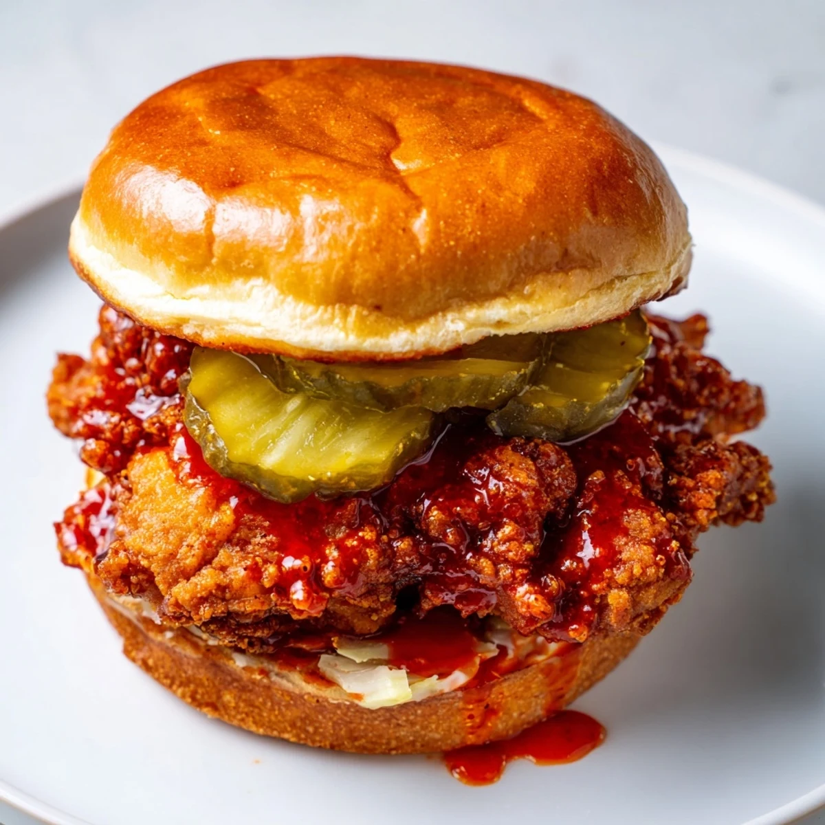 Spicy Nashville Hot Chicken Sandwiches served on buttered brioche with tangy pickle chips