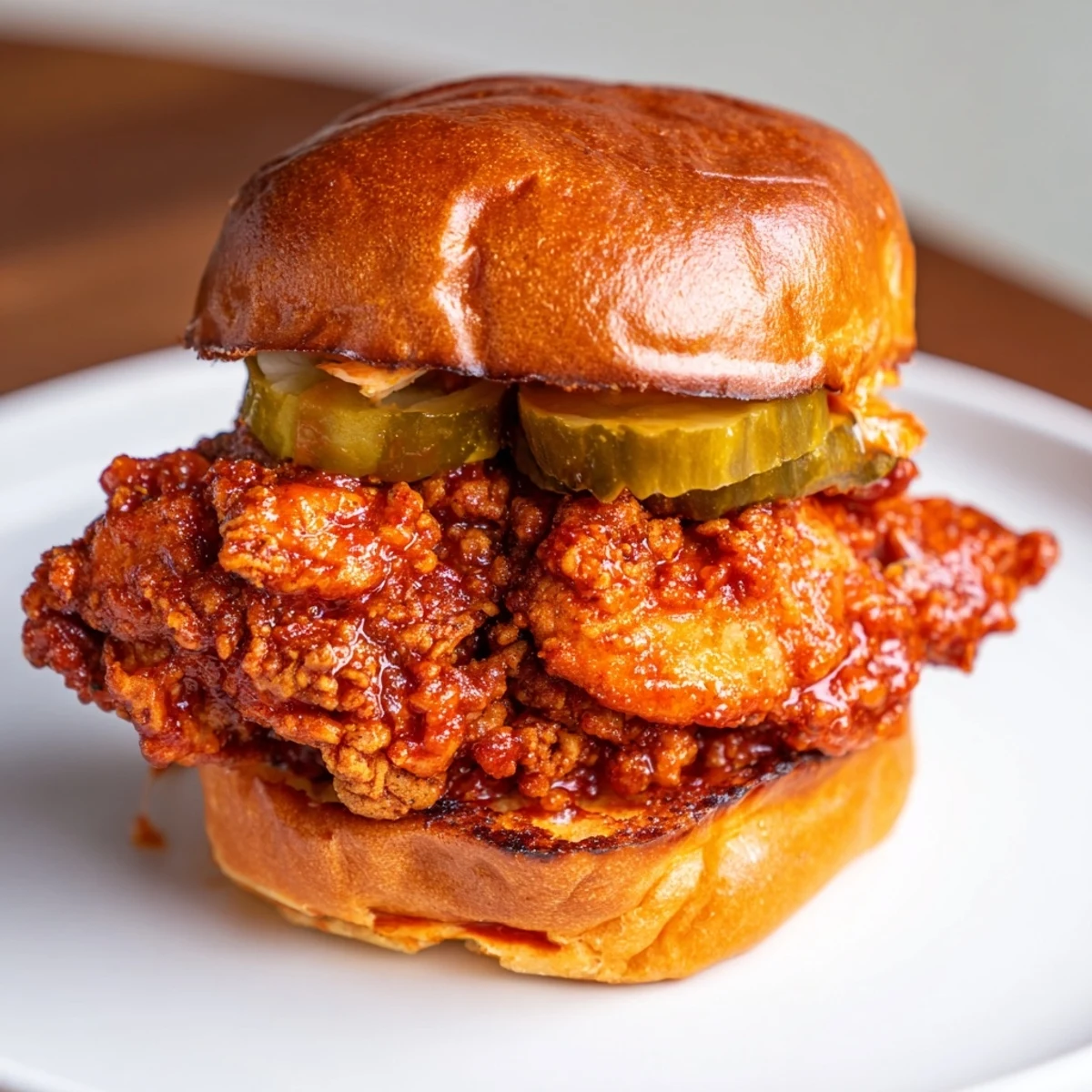 Spicy Nashville Hot Chicken Sandwiches piled high, fiery coating, crunchy golden crust