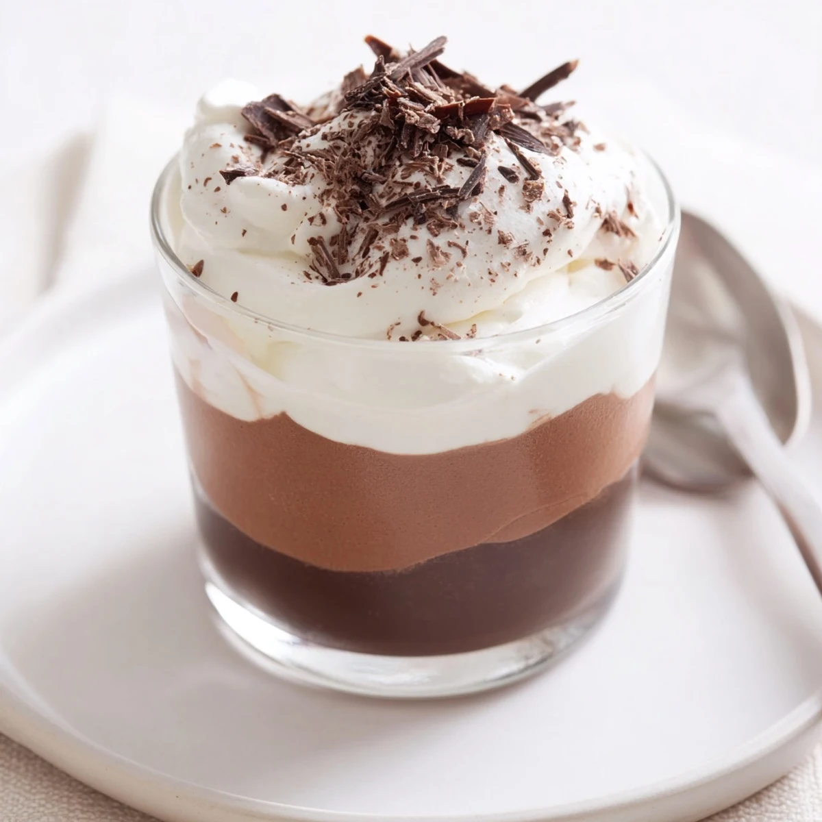 Chilled Triple Chocolate Mousse Cups topped with shaved chocolate, ready to serve