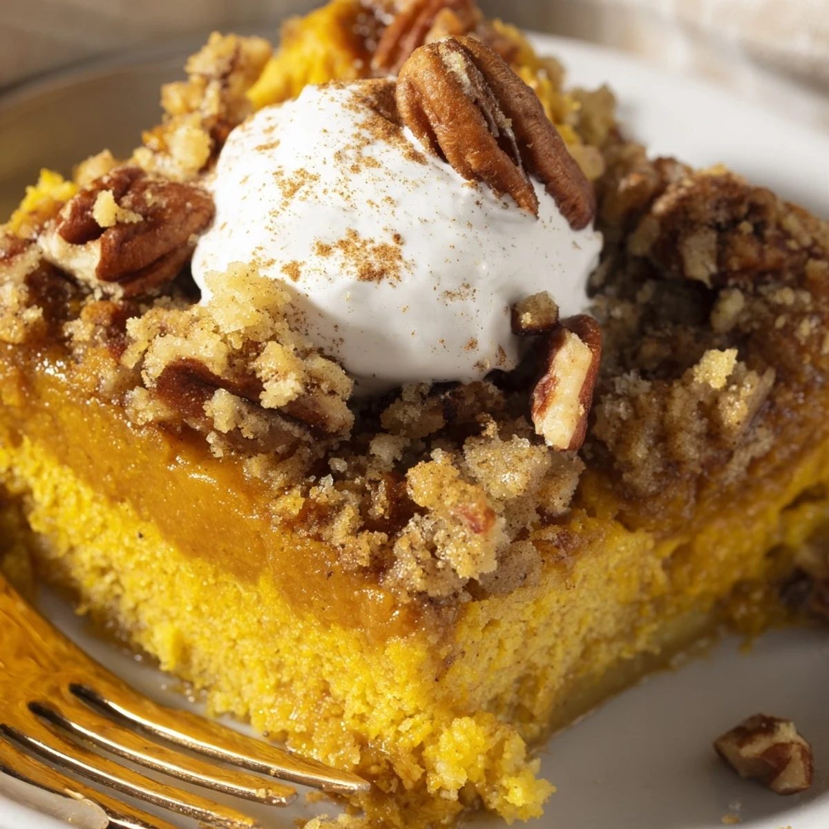 Warm Pumpkin Dump Cake with golden pecan topping, steam rising, served with whipped cream