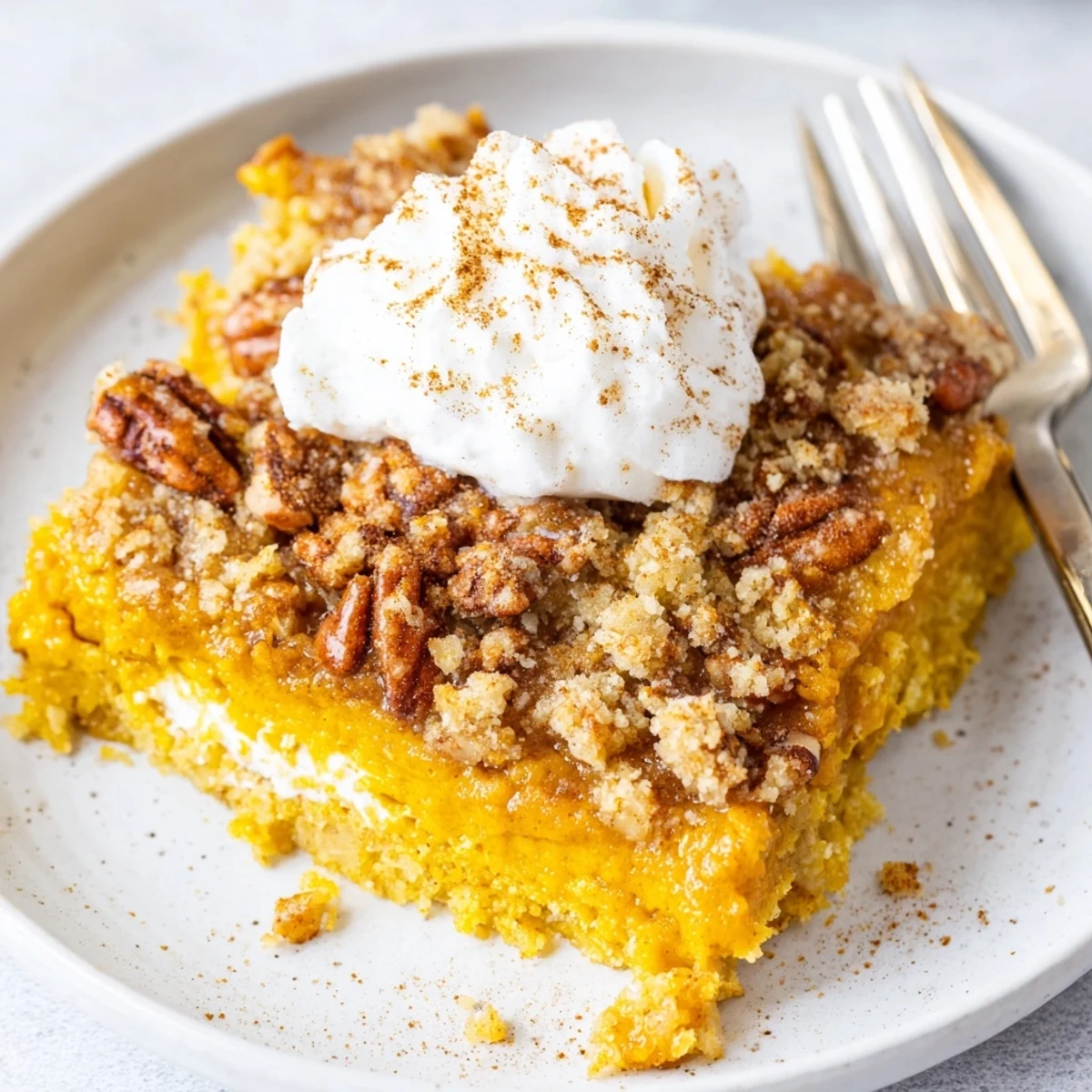 Homestyle Pumpkin Dump Cake cooling in pan, moist spiced layers visible