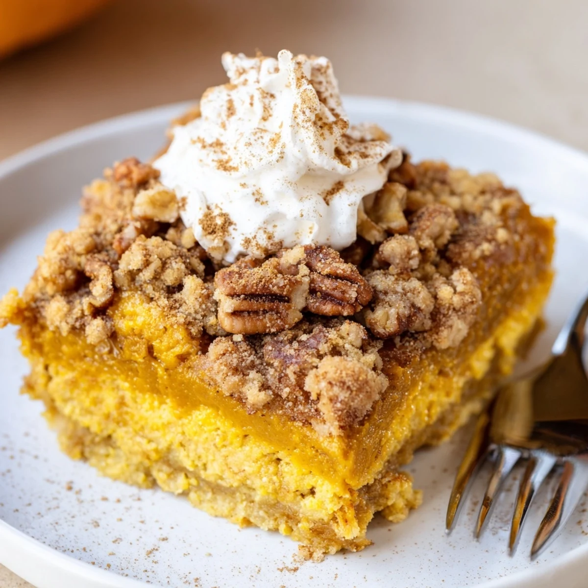 Sliced Pumpkin Dump Cake on plate, buttery crumbs and rich pumpkin aroma