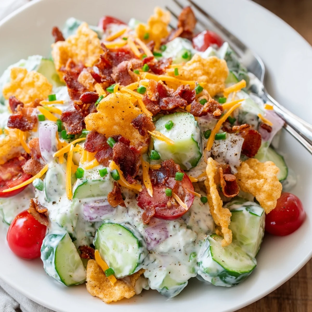 Cucumber Ranch Crack Salad with crispy bacon, crunchy chips, creamy dressing drizzle