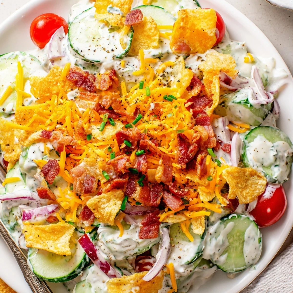 Bowl of Cucumber Ranch Crack Salad tossed with cheddar, chives, perfect for potlucks