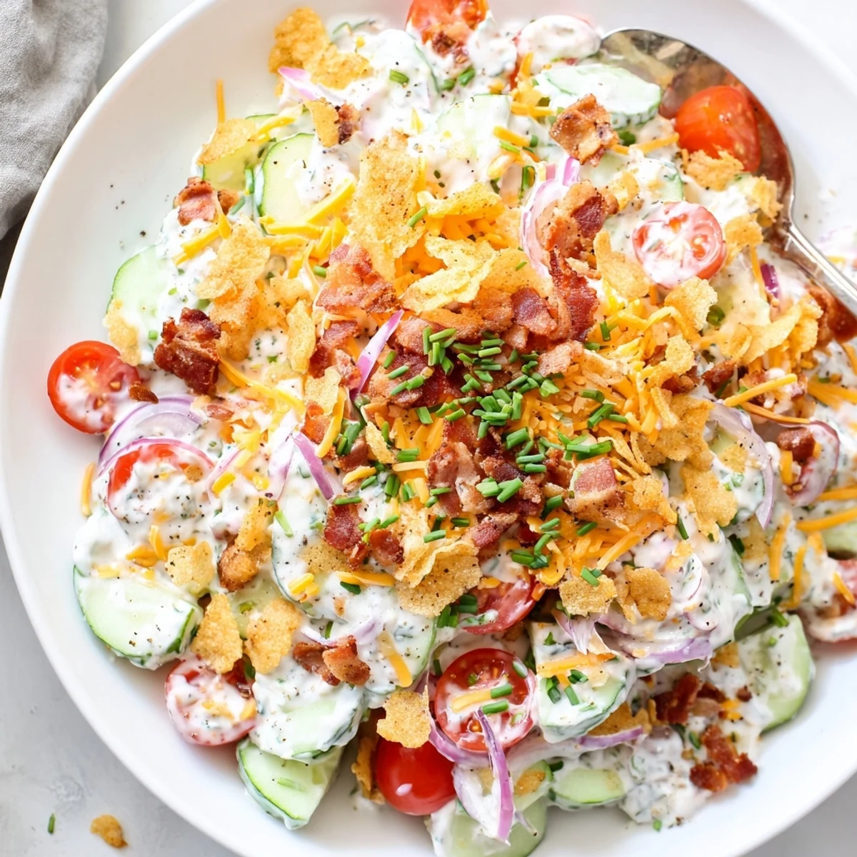 Fresh Cucumber Ranch Crack Salad piled high, tangy dressing, crunchy topping