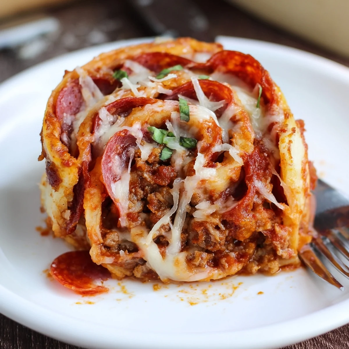 Family-style Cheesy Beef Pepperoni Pizza Roll Ups Snack Recipe, gooey cheese, basil garnish