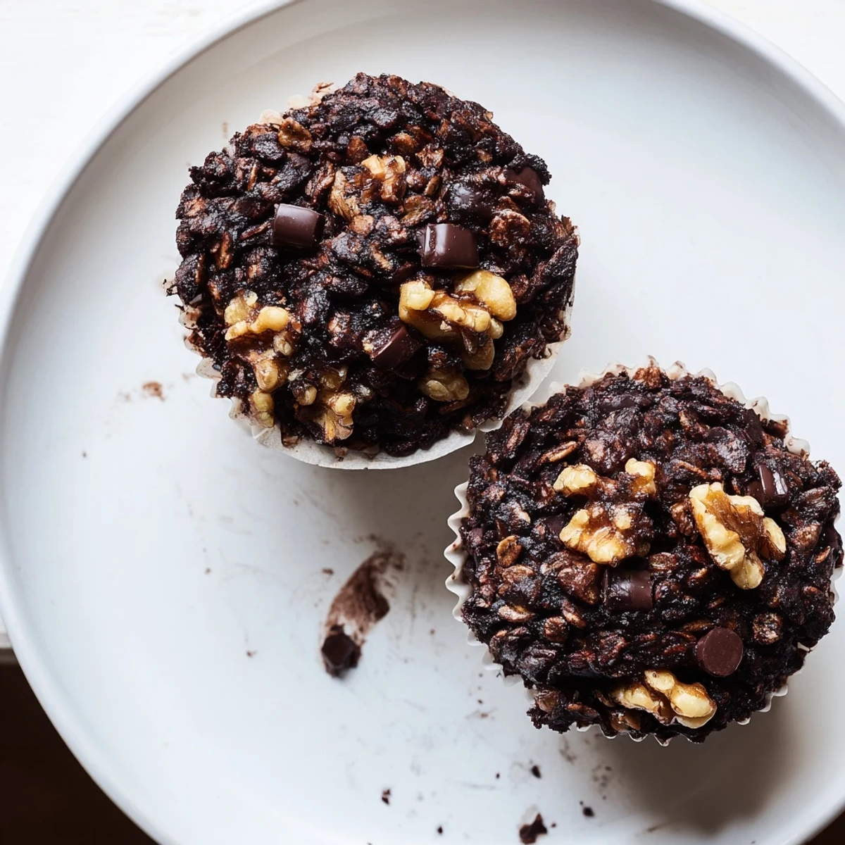 Decadent dark chocolate oatmeal cups topped with melted chocolate chips and chopped walnuts