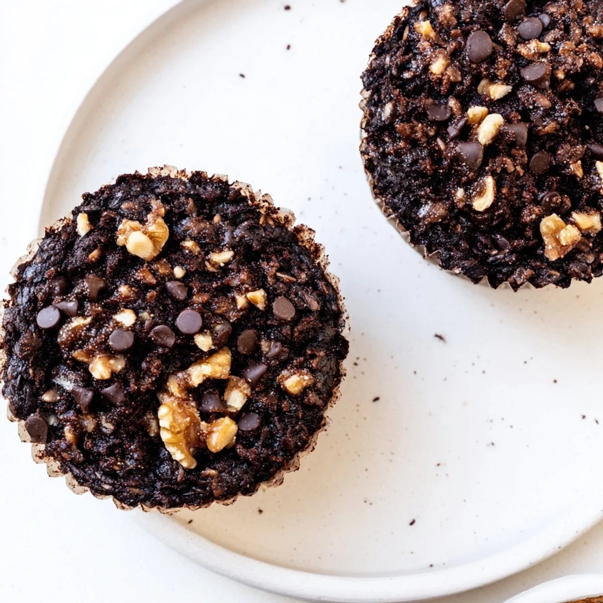 Fudgy dark chocolate oatmeal cups fresh from the oven with a sprinkling of sea salt