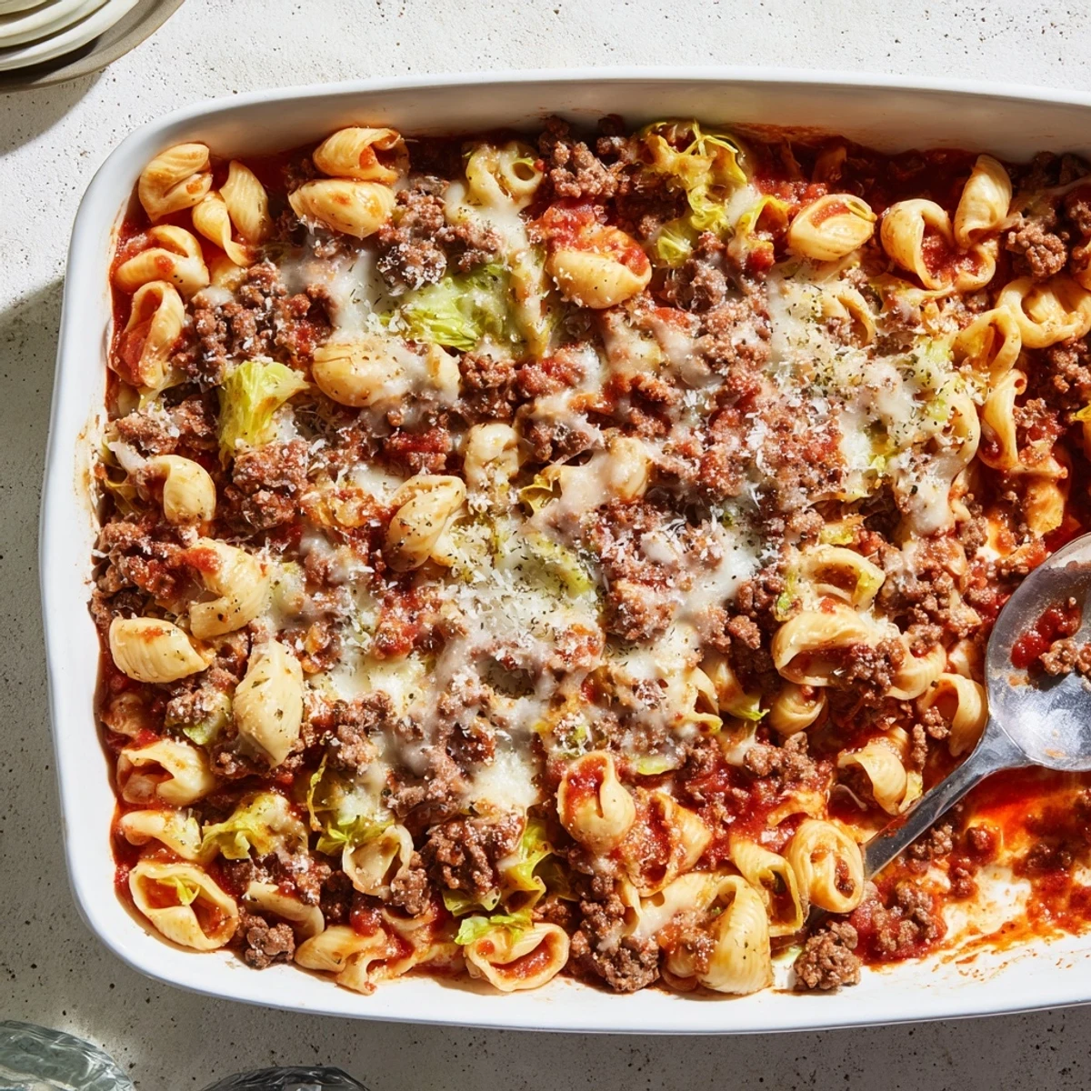 Golden bubbly cabbage roll pasta bake with melted mozzarella and beef in tomato sauce
