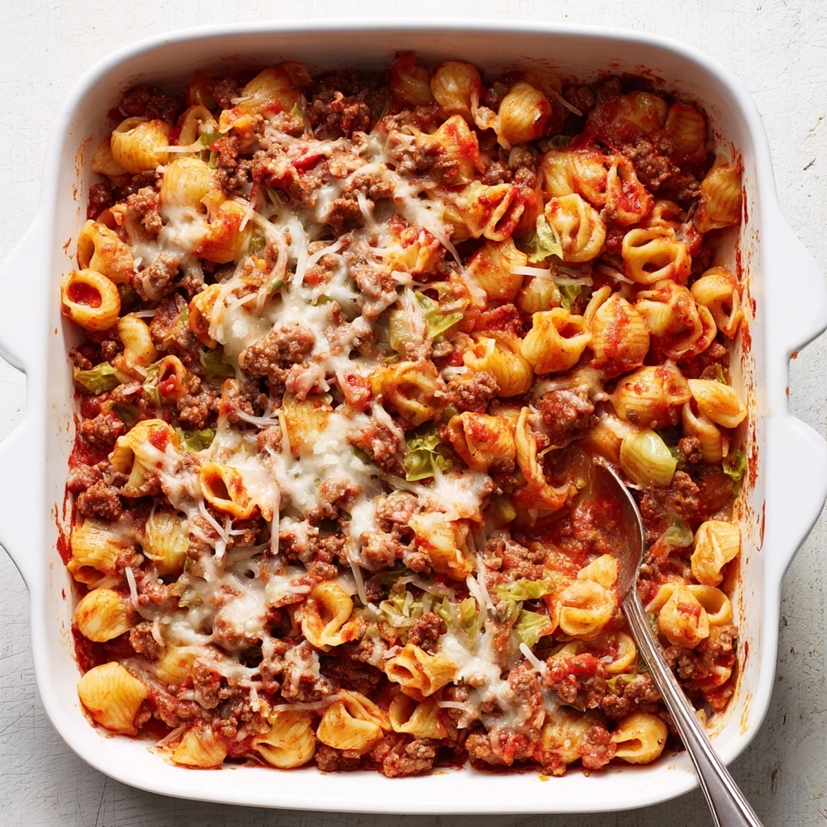 Cheesy cabbage roll casserole dish with pasta shells, beef, and rich red tomato sauce