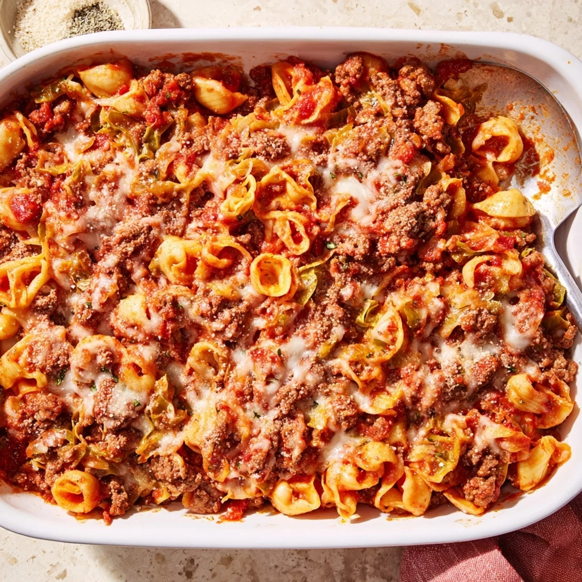 Hearty pasta bake layered with ground beef, tender cabbage, and tangy tomato cheese topping