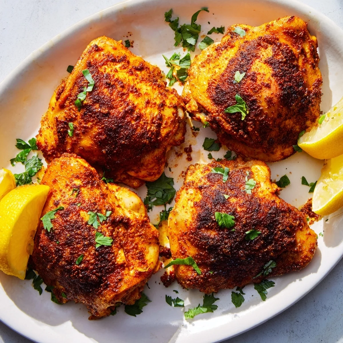 Golden roasted Moroccan spiced chicken thighs with crispy, caramelized skin on a white serving platter