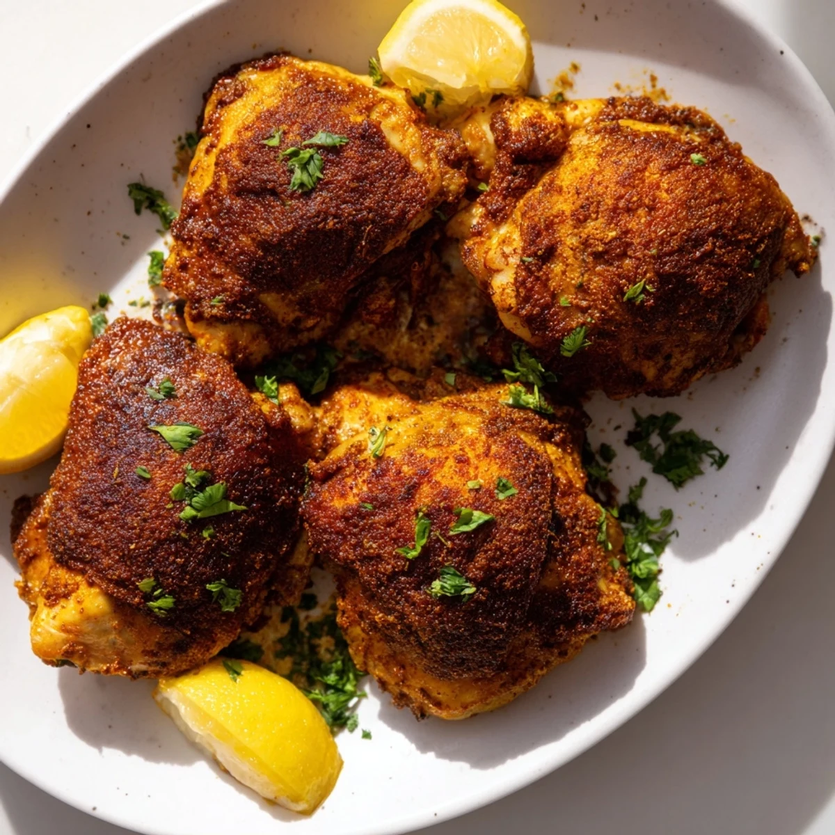 Succulent Moroccan spiced chicken thighs garnished with fresh cilantro and lemon wedges ready for serving